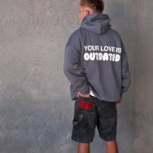 Bold gun-metal hoodie featuring Your Love Is Outdated for a chic statement