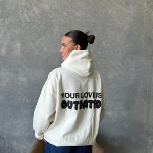 Elegant off-white hoodie featuring Your Love Is Outdated for a chic look.